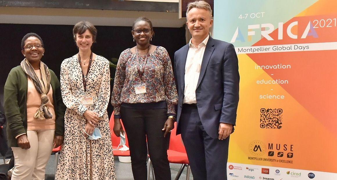 From left to right: Kaba Dramane, Director of the Institut Pierre Richet in Bouaké, Côte d'Ivoire, Prisca Mugabe, Professor at the University of Zimbabwe, Elisabeth Claverie de Saint Martin, President and Director General of CIRAD, Astou Camara, Director of the social science research unit at the Institut Sénégalais de Recherches Agricoles (ISRA), Philippe Mauguin, Chairman and CEO of INRAE
